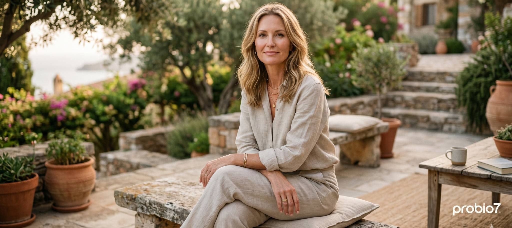 Probio7® Menopause — Κλινικά μελετημένη φόρμουλα φιλικών βακτηρίων για την υποστήριξη του άξονα εντέρου-οιστρογόνων στην εμμηνόπαυση. Γυναίκα ώριμης ηλικίας σε ήρεμη μεσογειακή σκηνή.
