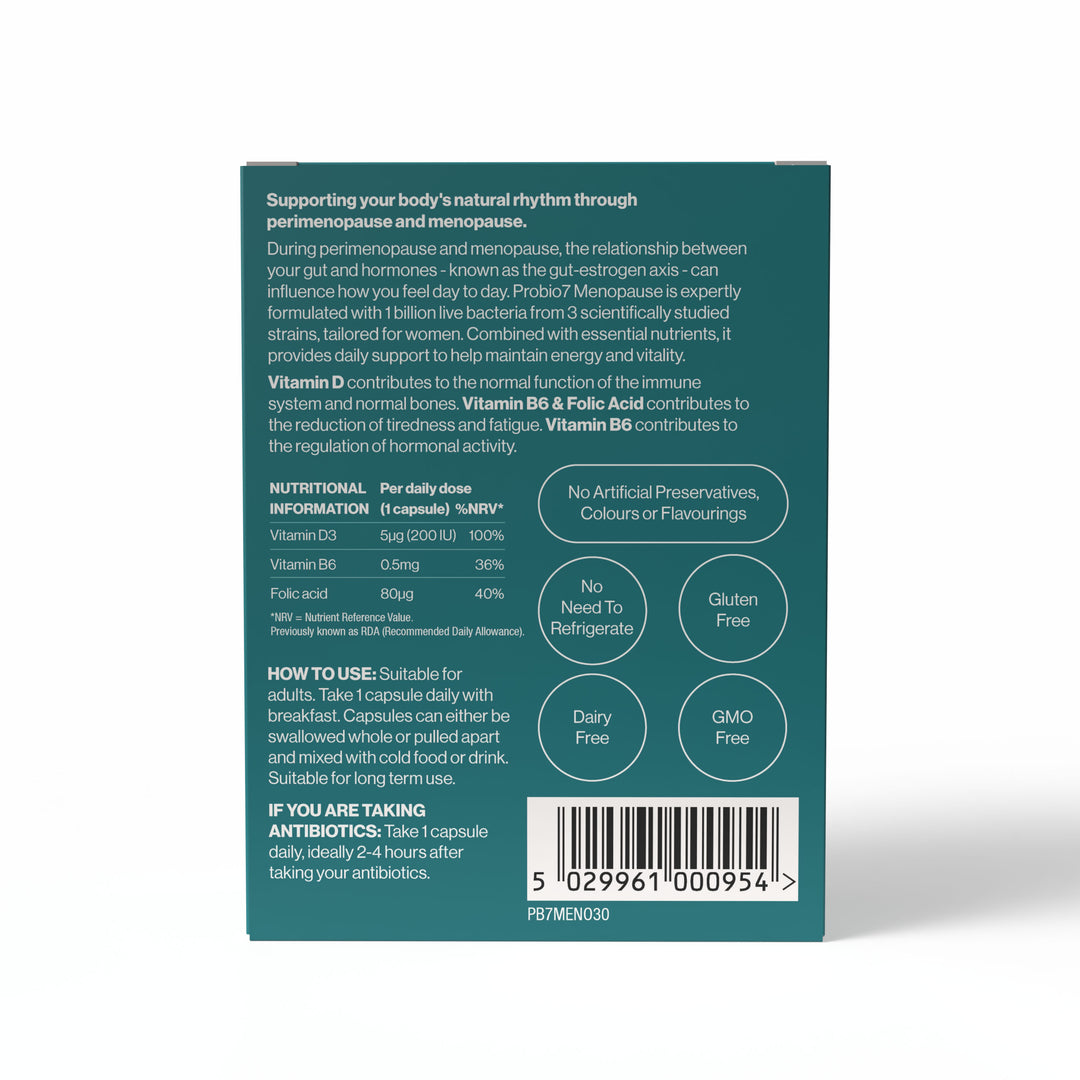 Probio7® Menopause —  Στοχευμένη φροντίδα στην εμμηνόπαυση & τις ορμονικές διακυμάνσεις. 3 στελέχη KABP™ + Βιταμίνη D, B6, B9. Για γυναίκες.