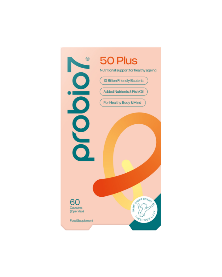 Probio7® 50 Plus — Υπερφόρμουλα για ενήλικες 50+. Φιλικά βακτήρια, βιταμίνες, μέταλλα & Omega-3. 10 δισ. ζωντανές καλλιέργειες.