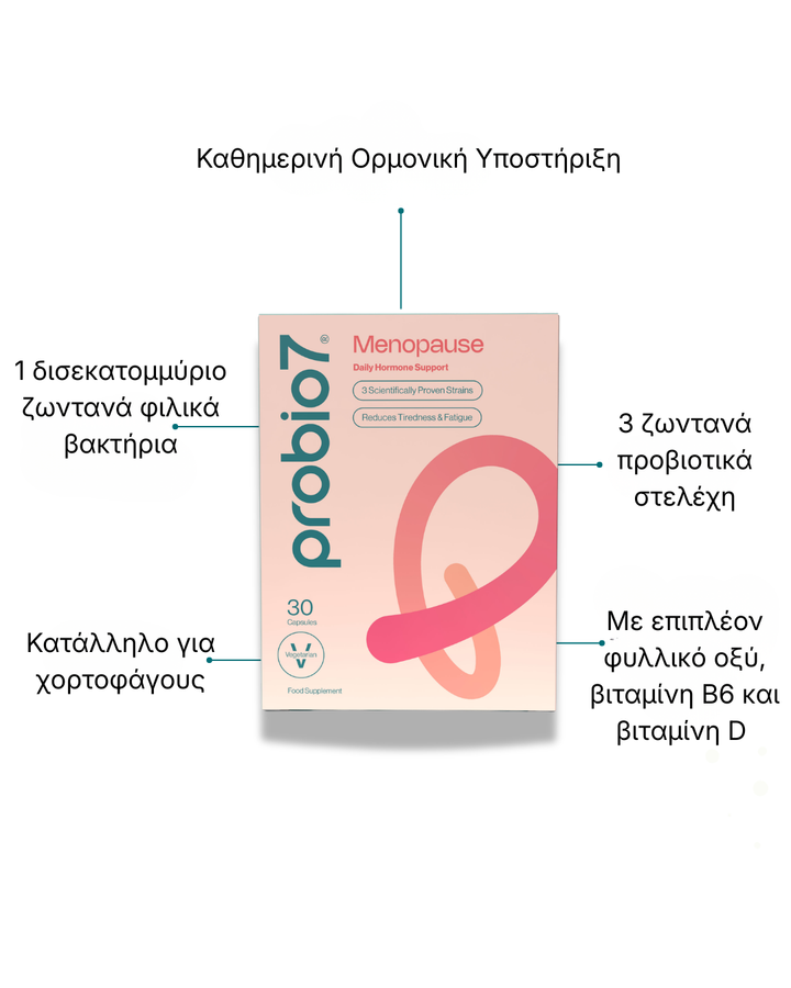 Probio7® Menopause —  Στοχευμένη φροντίδα στην εμμηνόπαυση & τις ορμονικές διακυμάνσεις. 3 στελέχη KABP™ + Βιταμίνη D, B6, B9. Για γυναίκες.