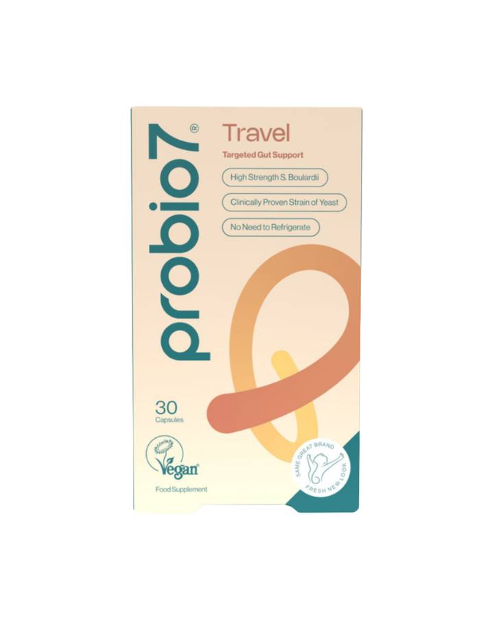 Probio7® Travel — Προστασία από πεπτικές διαταραχές & διάρροια ταξιδιώτη. S. boulardii CNCM-I-1079, σταθερό στη θερμοκρασία — δεν απαιτείται ψυγείο. Από 12 ετών.