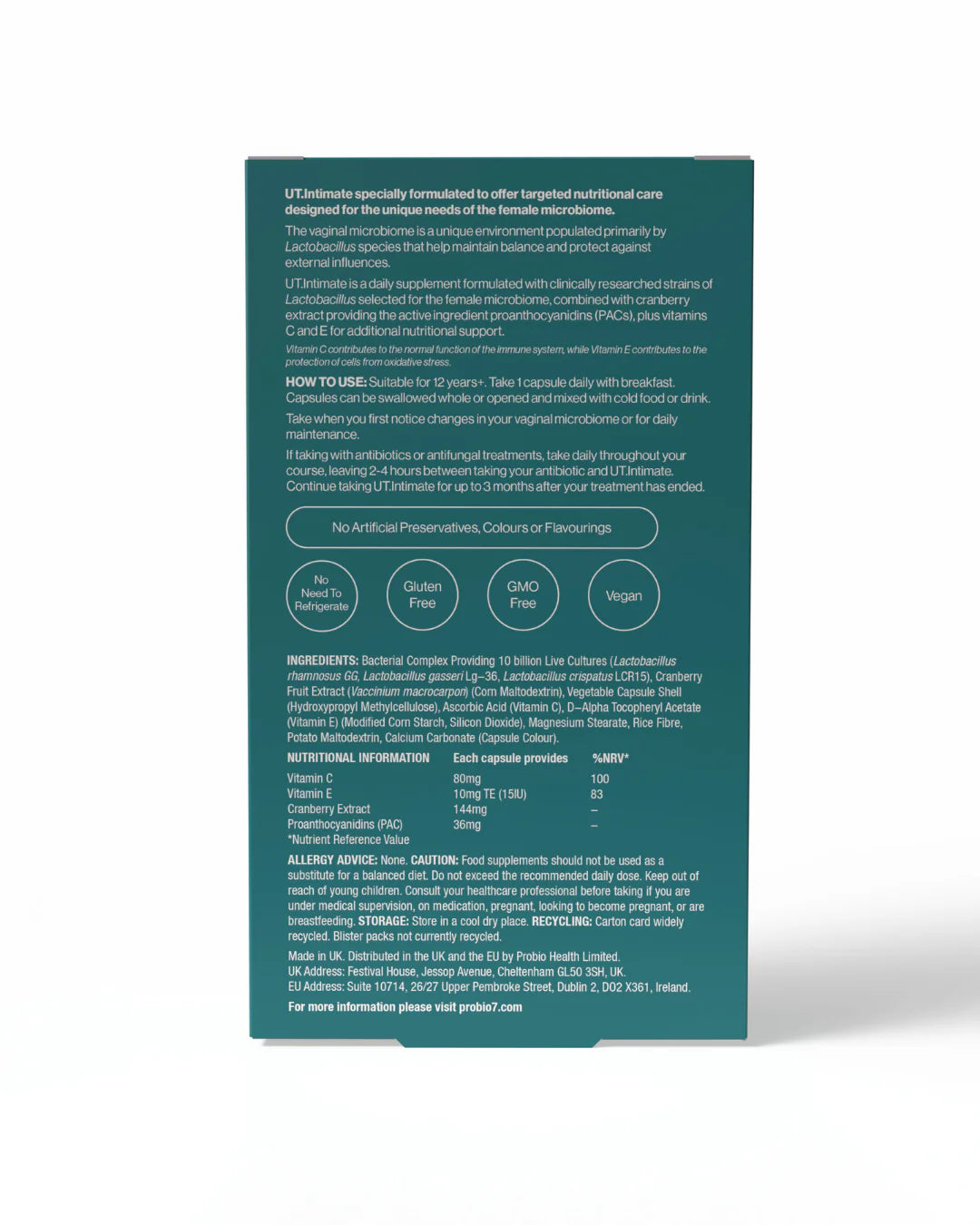 Probio7® UT.Intimate —Για κολπίτιδες & ουρολοιμώξεις. 3 στελέχη Lactobacillus + Cranberry, Βιταμίνες C & E. Για γυναίκες.