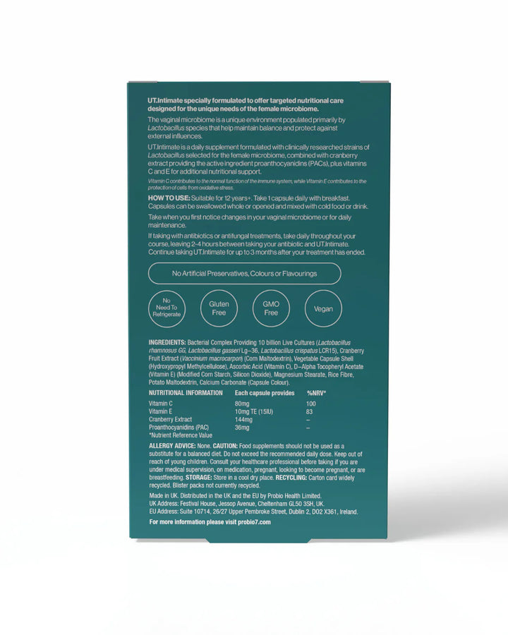 Probio7® UT.Intimate —Για κολπίτιδες & ουρολοιμώξεις. 3 στελέχη Lactobacillus + Cranberry, Βιταμίνες C & E. Για γυναίκες.